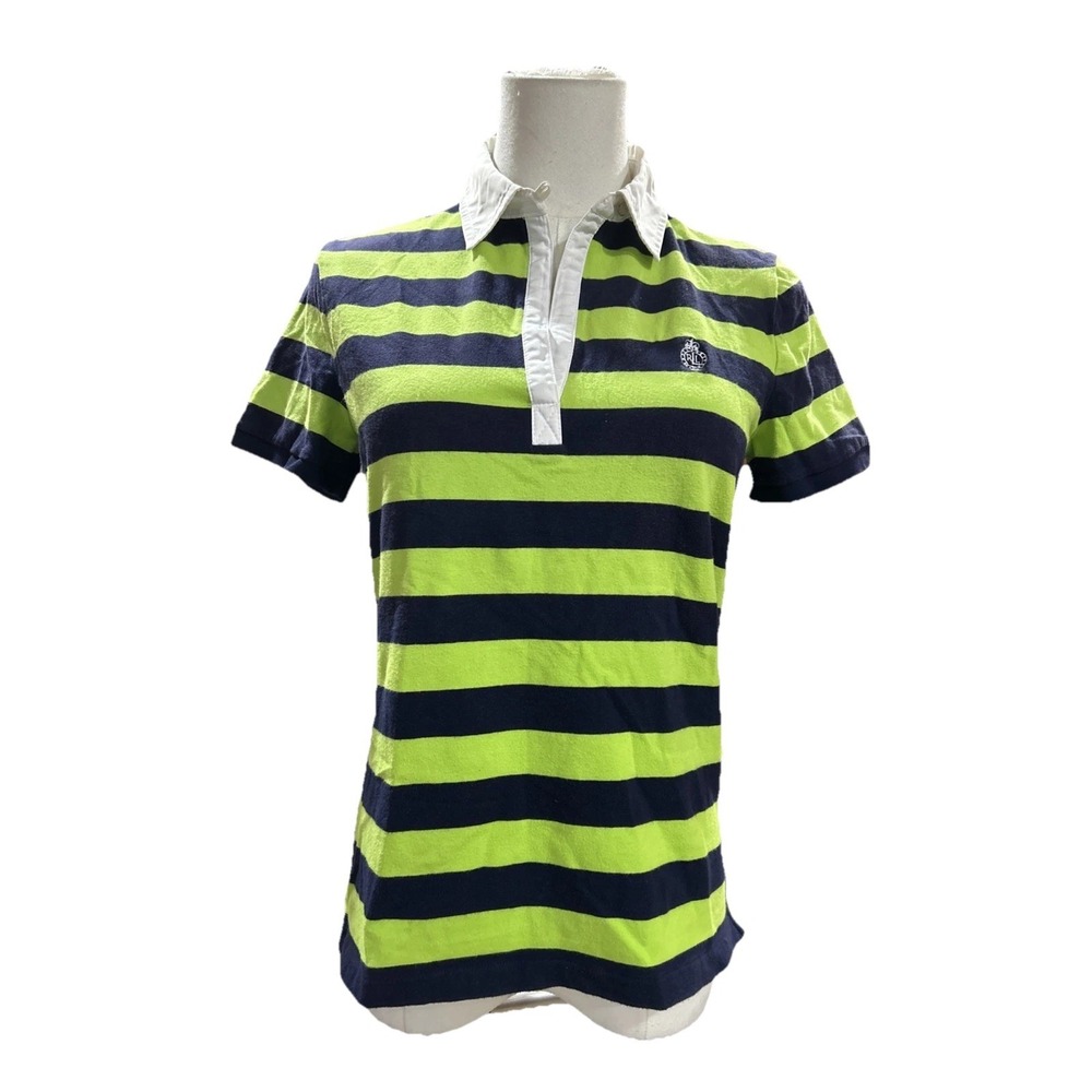 L-RL Lauren Active Ralph Lauren Women's Juniors Polo Shirt M Green Blue Striped
